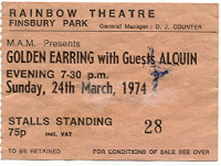 Golden Earring UK tour ticket London 24-03-1974